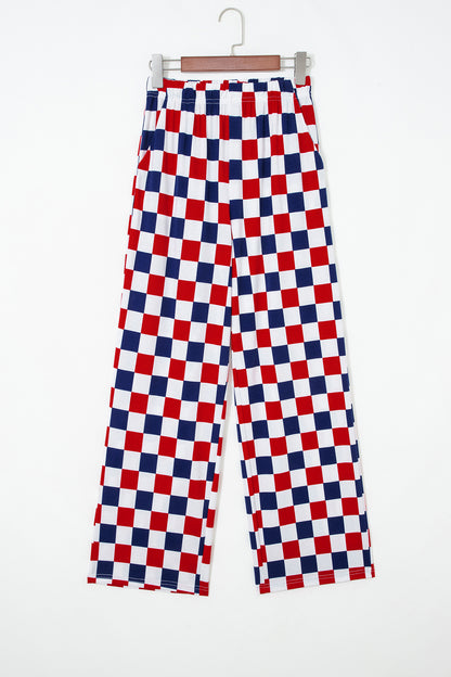 Pantalón de pernera ancha de talle alto con estampado a cuadros de dos tonos en rojo