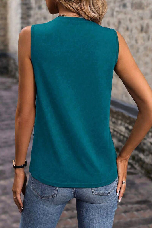 Blue Sapphire Solid Color Stitching Detail Round Neck Tank Top - Snoopy's Closet