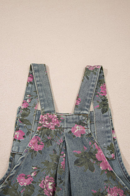 Gray Beau Floral Print Pleated High Waist Wide Leg Denim Jumpsuit