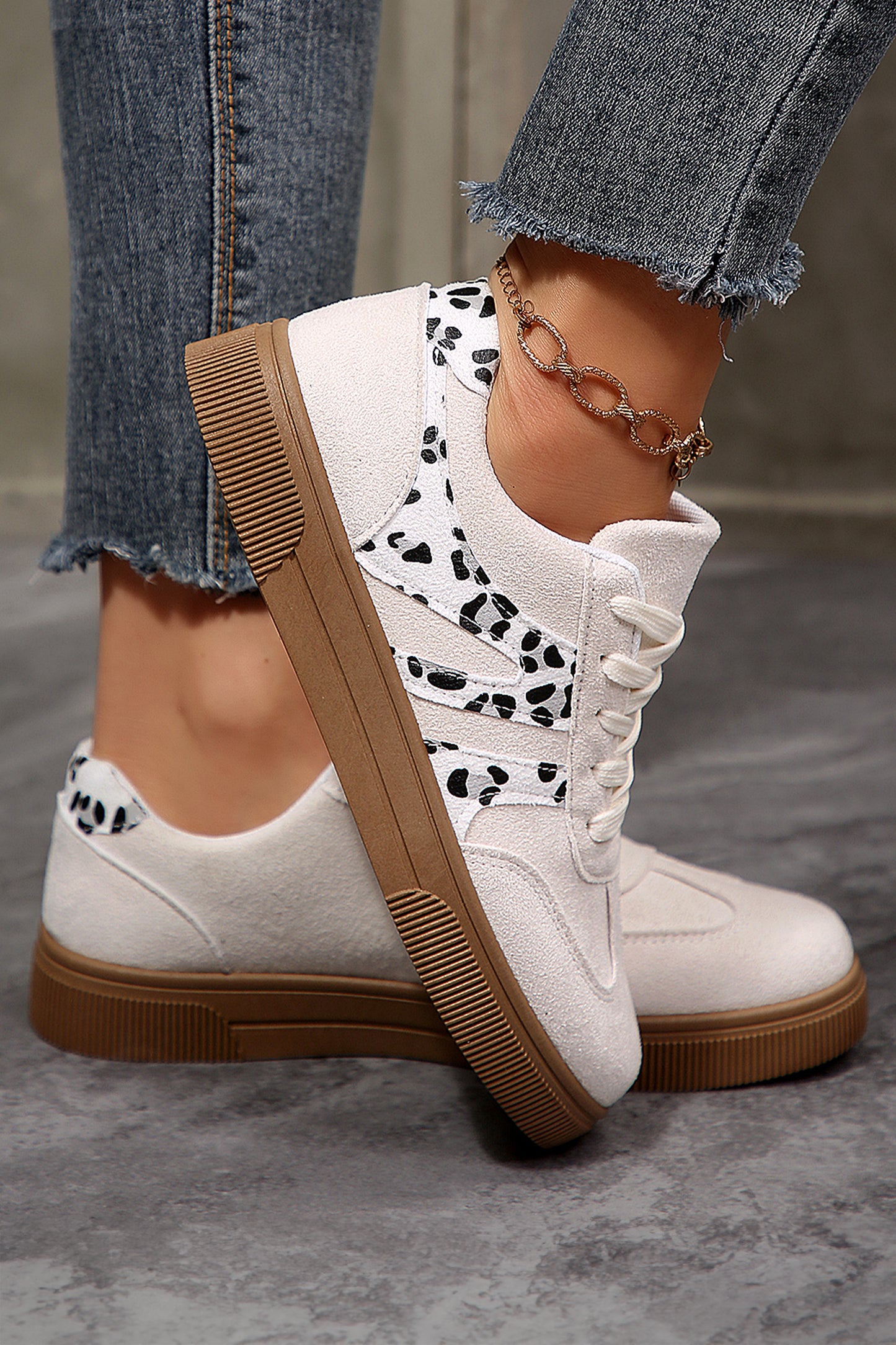White Suede Leopard Color Block Trim Lace-up Casual Shoes - Snoopy's Closet