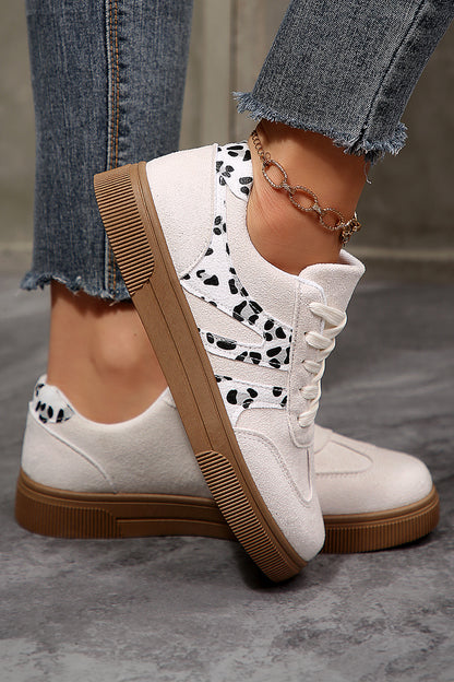 White Suede Leopard Color Block Trim Lace-up Casual Shoes - Snoopy's Closet