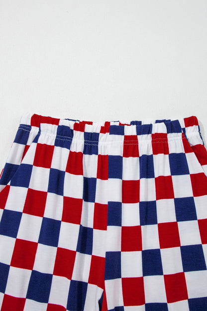 Pantalón de pernera ancha de talle alto con estampado a cuadros de dos tonos en rojo