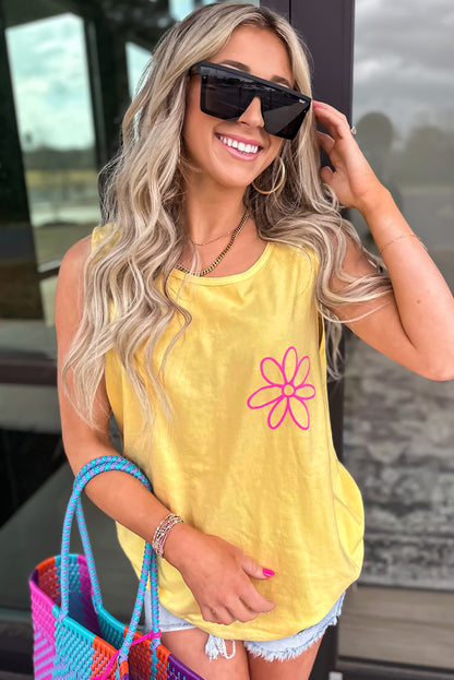 Yellow Cream Flower Graphic Casual Tank Top - Snoopy's Closet