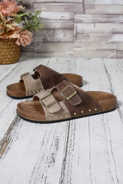 Coffee Leopard Two-tone Retro Buckle Straps Hollowed Faux Suede Slippers - Snoopy's Closet
