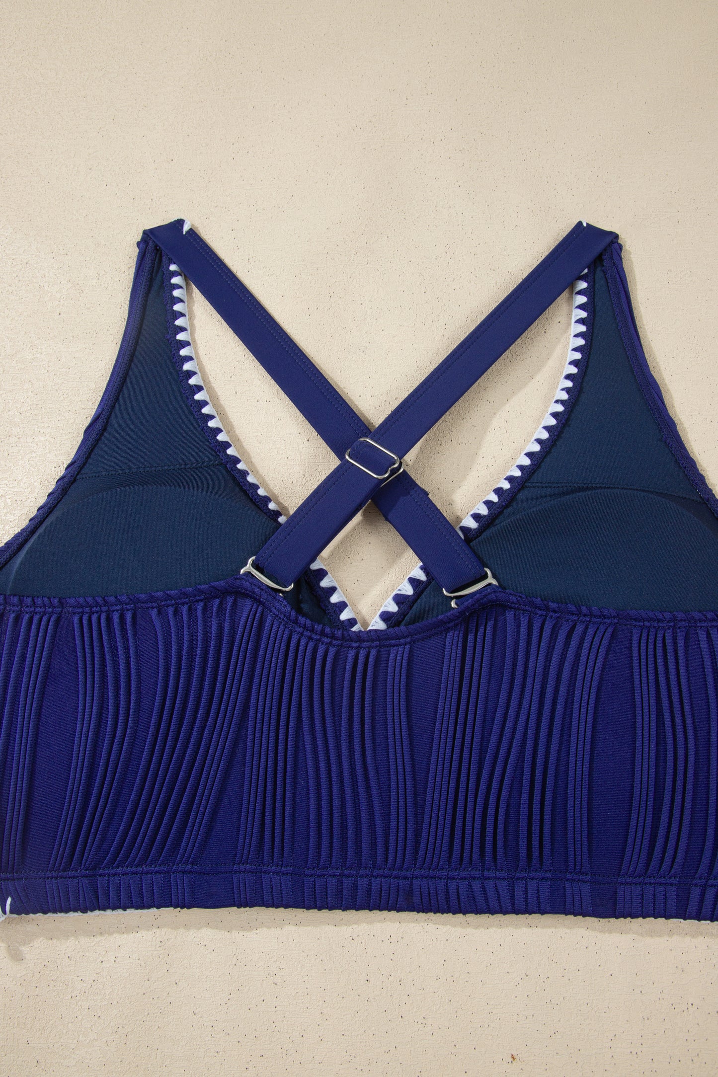 Dark Blue Shell Stitched Trim V Neck Textured Mix and Match High Waist Bikinis - Snoopy's Closet