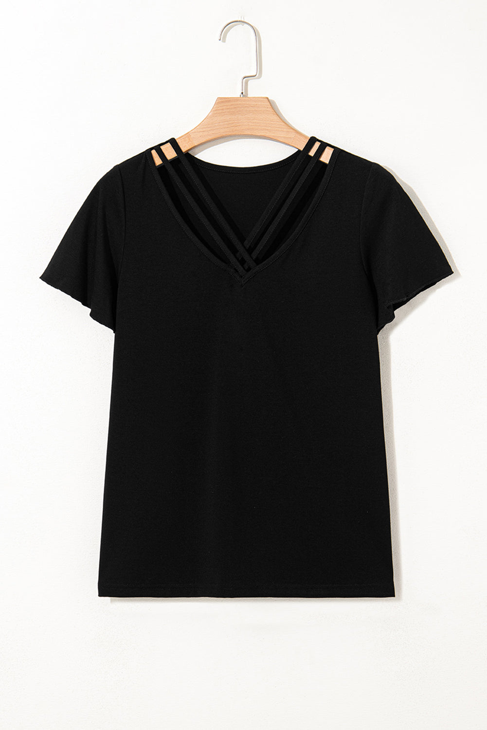 Black Crisscross V Neck Butterfly Sleeve T Shirt - Snoopy's Closet