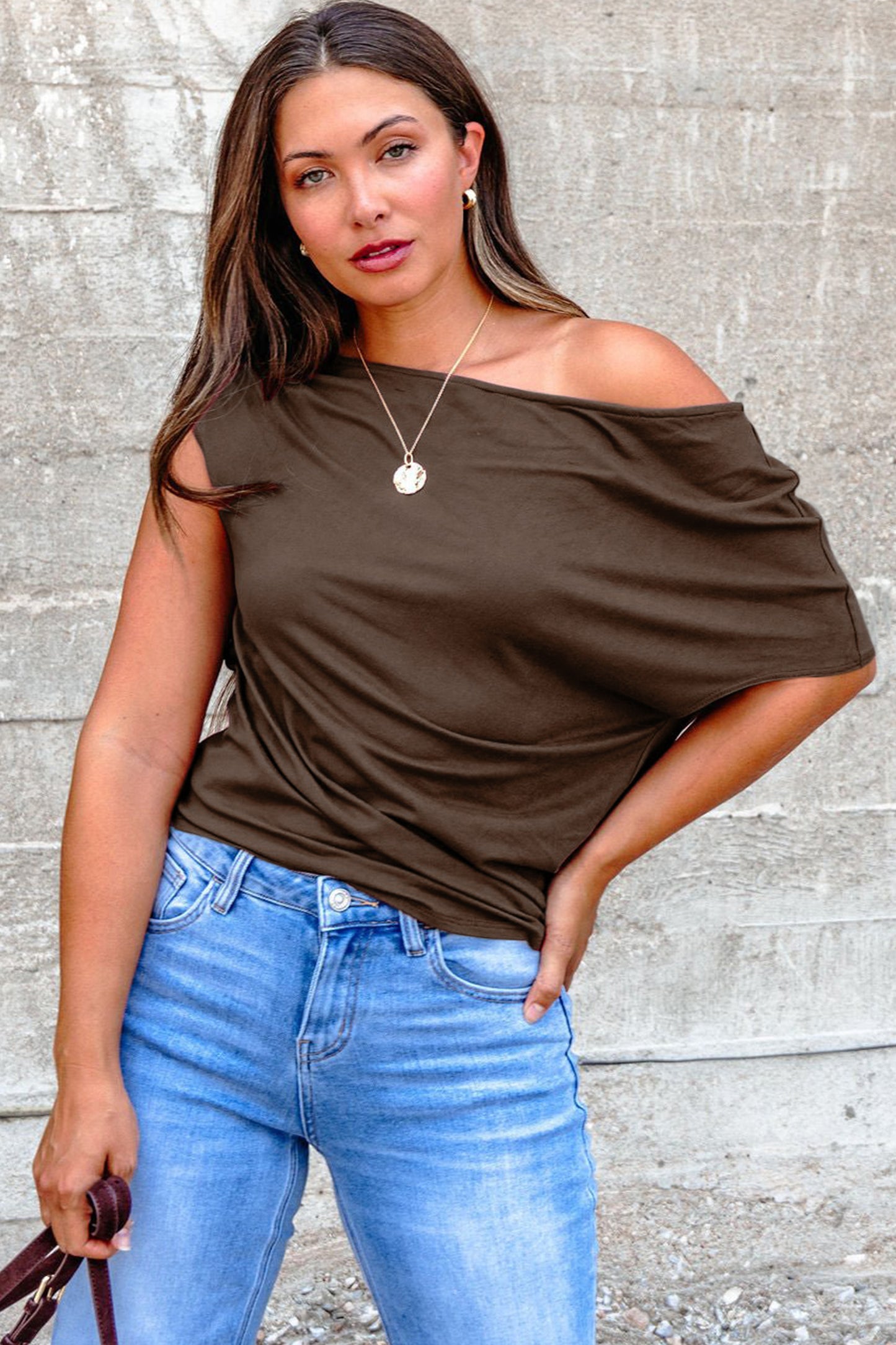 Coffee Plus Size Solid Color Asymmetric Neck Short Sleeve Blouse - Snoopy's Closet