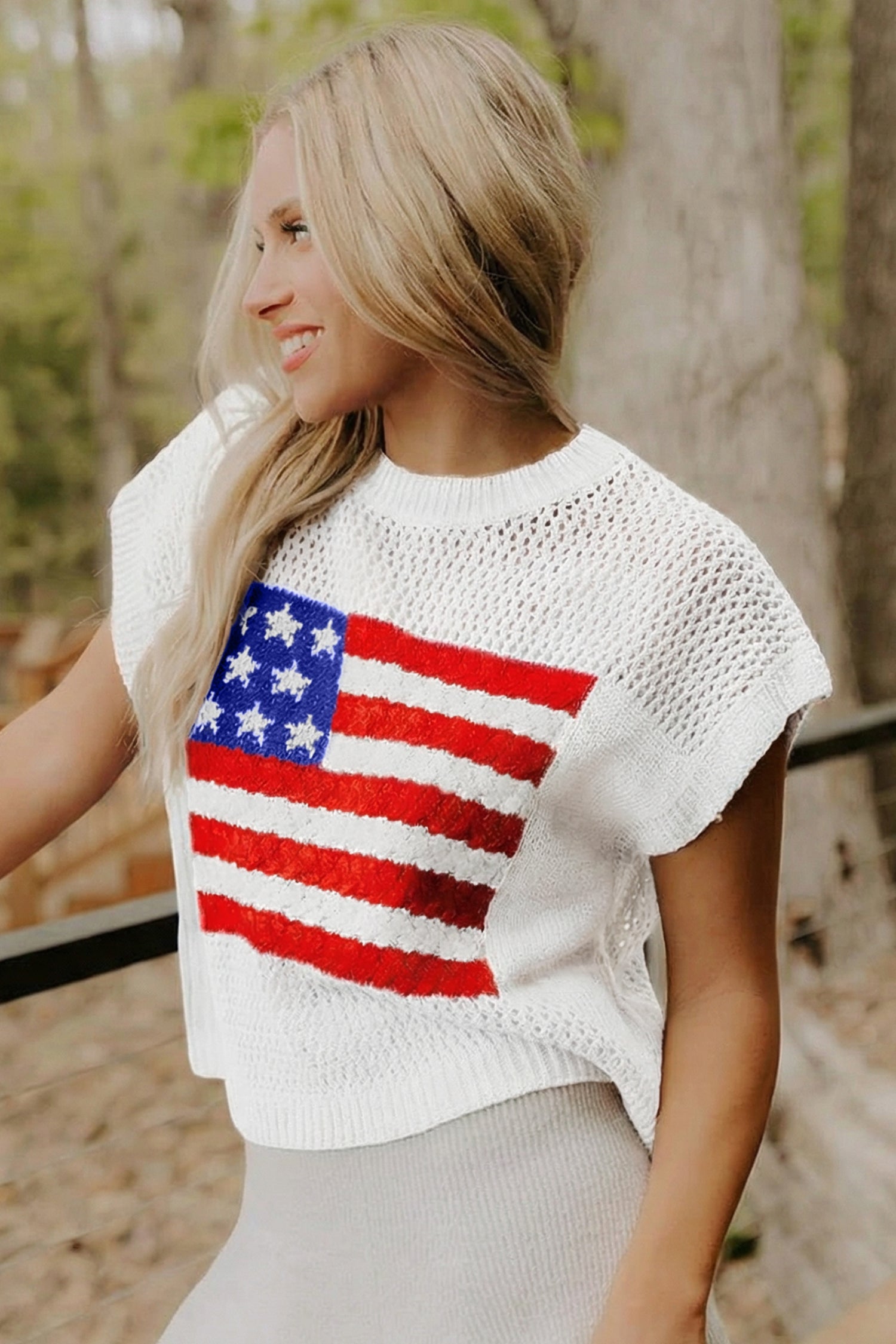 Fiery Red Flag Graphic Short Sleeve Sweater Top