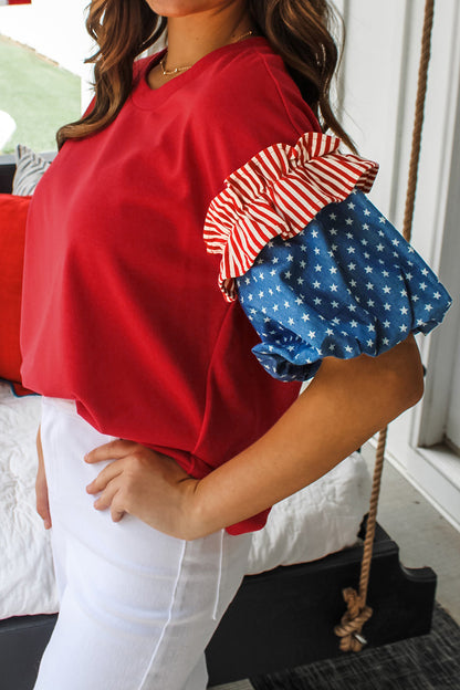 Top de manga corta abullonada Fiery Red Stars and Stripes