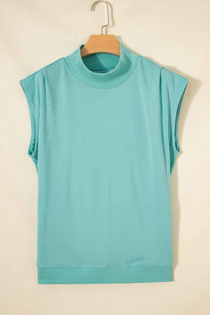 Mint Green Solid Color High Neck Cap Sleeve Loose Top