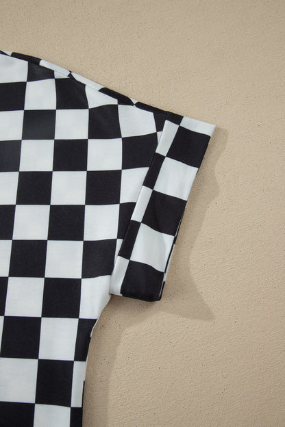 Pink Checkered Print Color Block Trim Mock Neck Short Set - Snoopy's Closet
