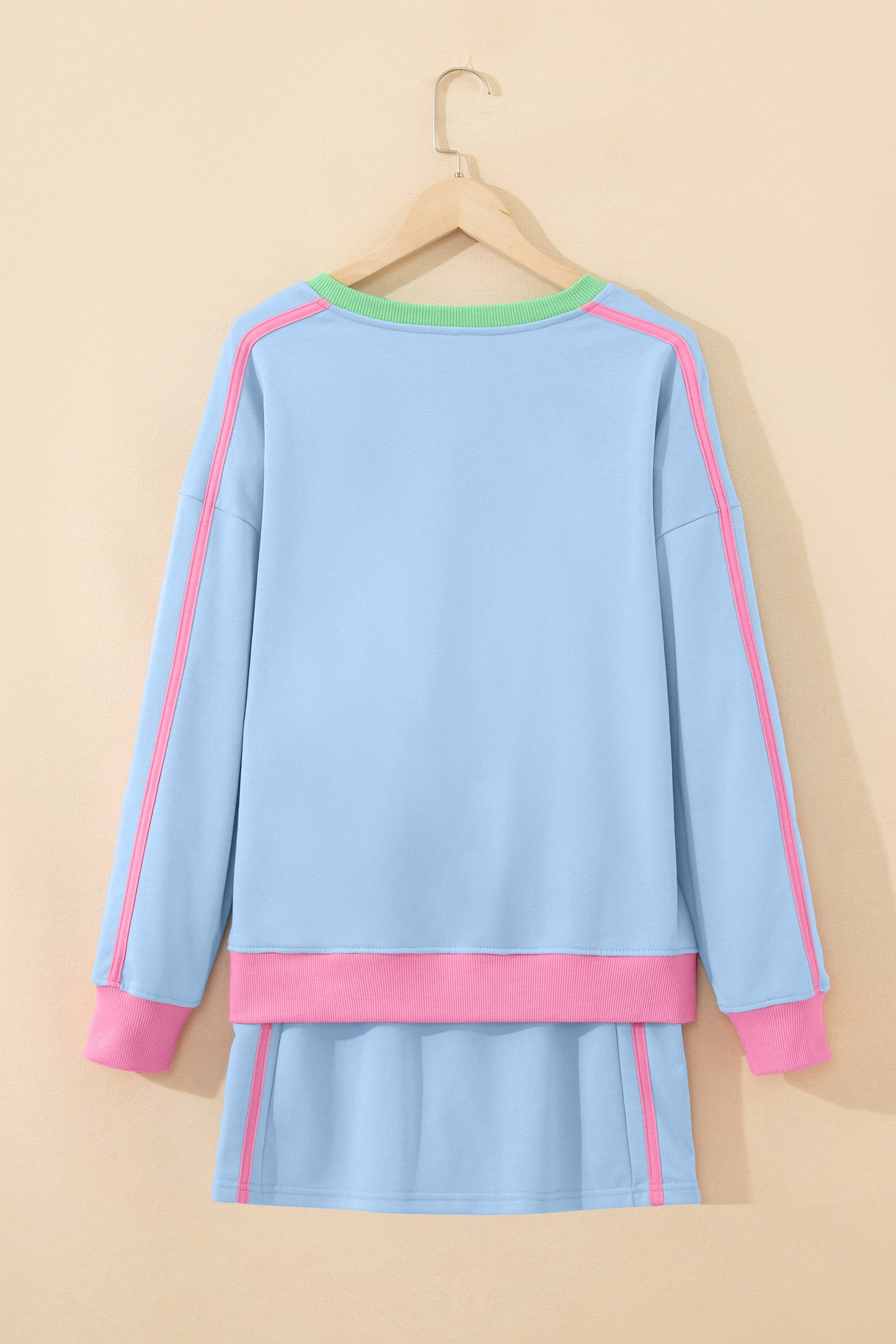 Sky Blue Ribbed Colorblock Trim V Neck Sporty Pullover Mini Skort 2pcs Athleisure Set - Snoopy's Closet