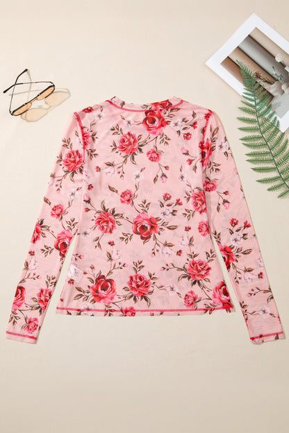 Pink Floral Print Exposed Seam Detail Mesh Long Sleeve Top - Snoopy's Closet
