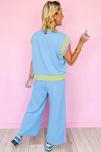 Sky Blue Color Block Detail Casual Two-piece Outfit - Snoopy's Closet