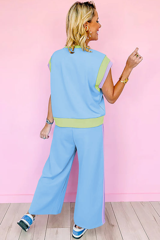 Sky Blue Color Block Detail Casual Two-piece Outfit - Snoopy's Closet