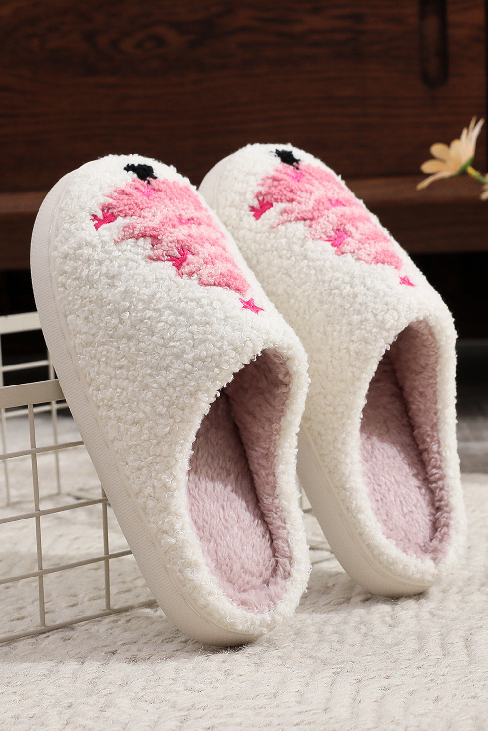 White Plush Christmas Tree Color Contrasted Liner House Slippers - Snoopy's Closet