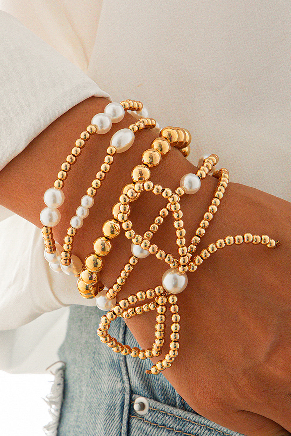 Gold Bow Knot Pearl Beaded Multi Layered Bracelet Set - Snoopy's Closet