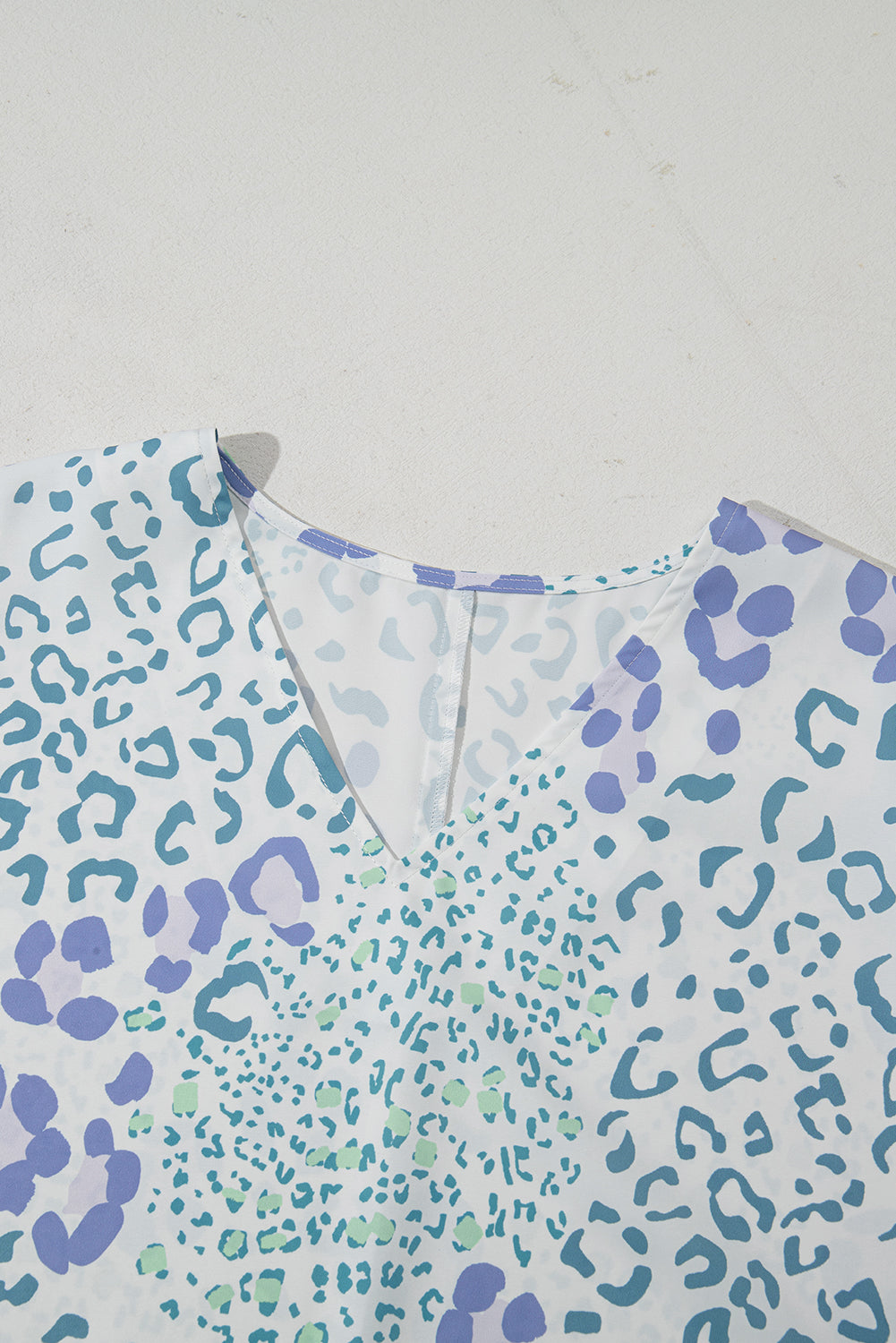 Sky Blue Mixed Leopard Print V Neck Short Sleeve Blouse - Snoopy's Closet
