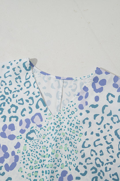Sky Blue Mixed Leopard Print V Neck Short Sleeve Blouse - Snoopy's Closet
