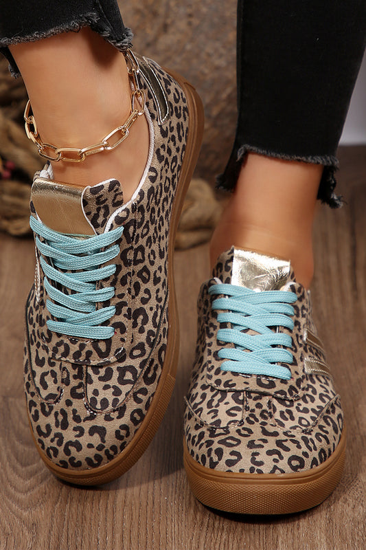 Coffee Faux Suede Leopard Print Sleek PU Leather Detail Lace Up Sneakers - Snoopy's Closet