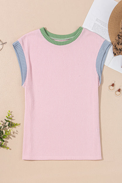 Pink Color Block Corded Knit Crew Neck Tee - Snoopy's Closet