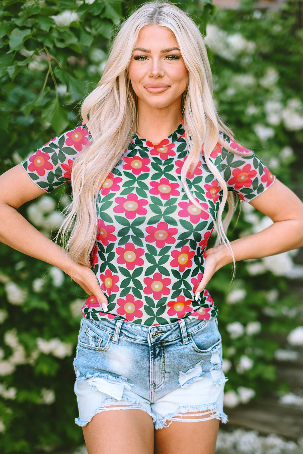 Fiery Red Retro Floral Print Crew Neck T Shirt - Snoopy's Closet