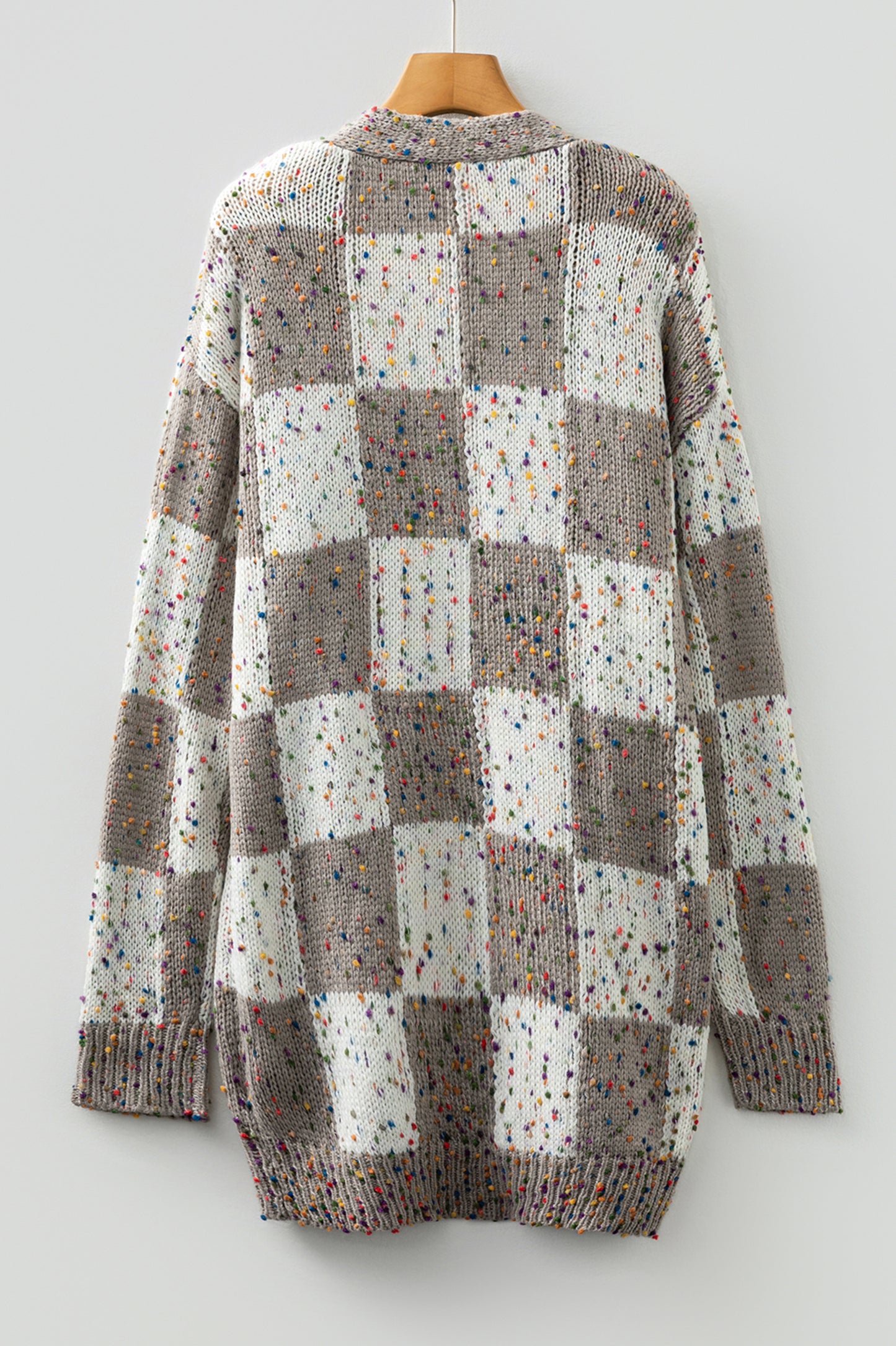 Brown Confetti Dot Checkered Print Open Cardigan with Pockets - Snoopy's Closet