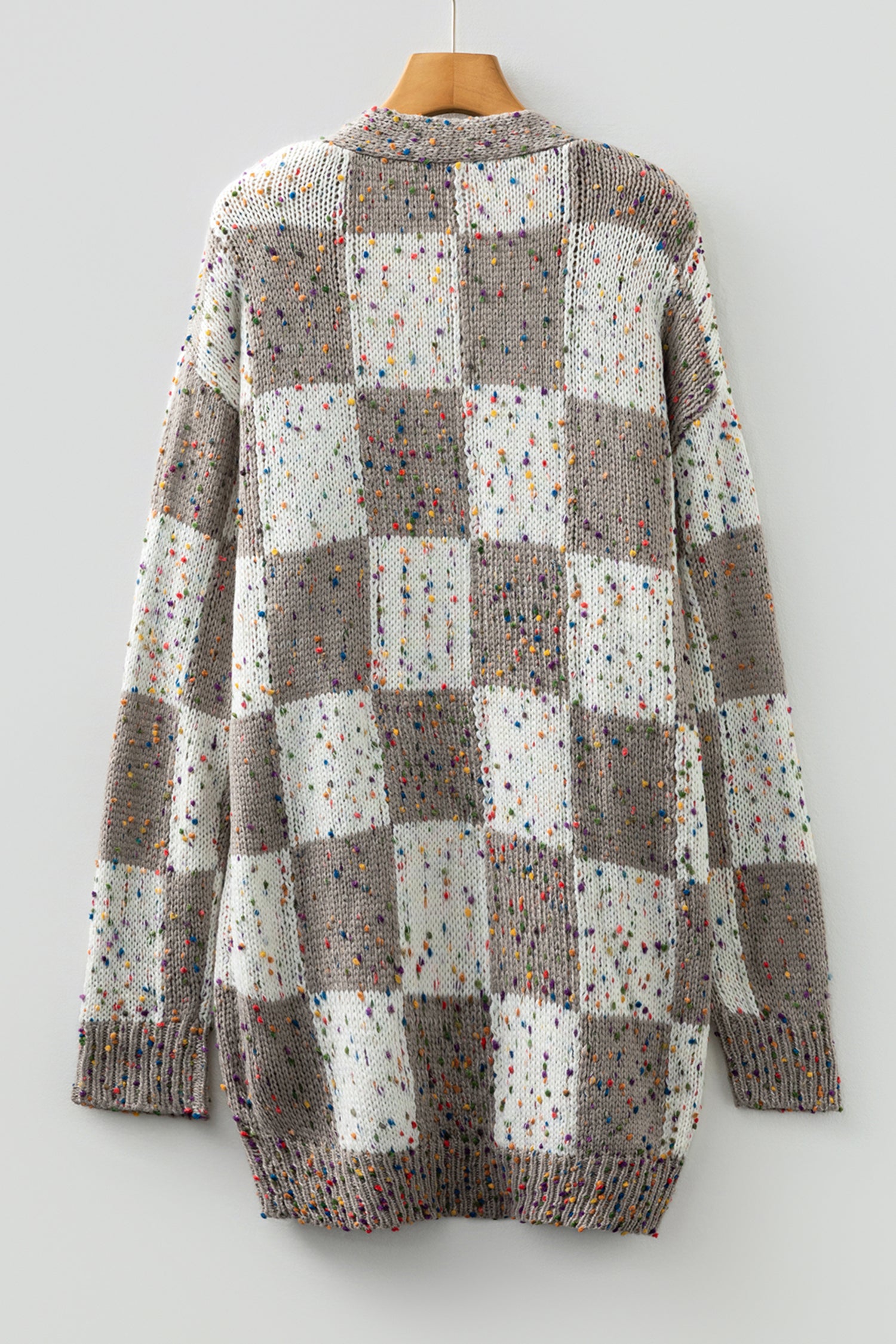 Brown Confetti Dot Checkered Print Open Cardigan with Pockets - Snoopy's Closet