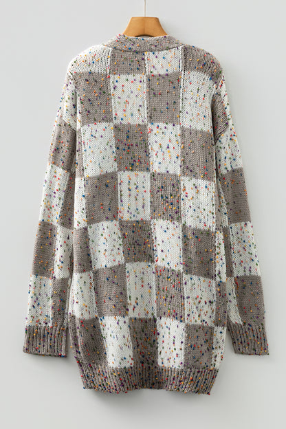 Brown Confetti Dot Checkered Print Open Cardigan with Pockets - Snoopy's Closet