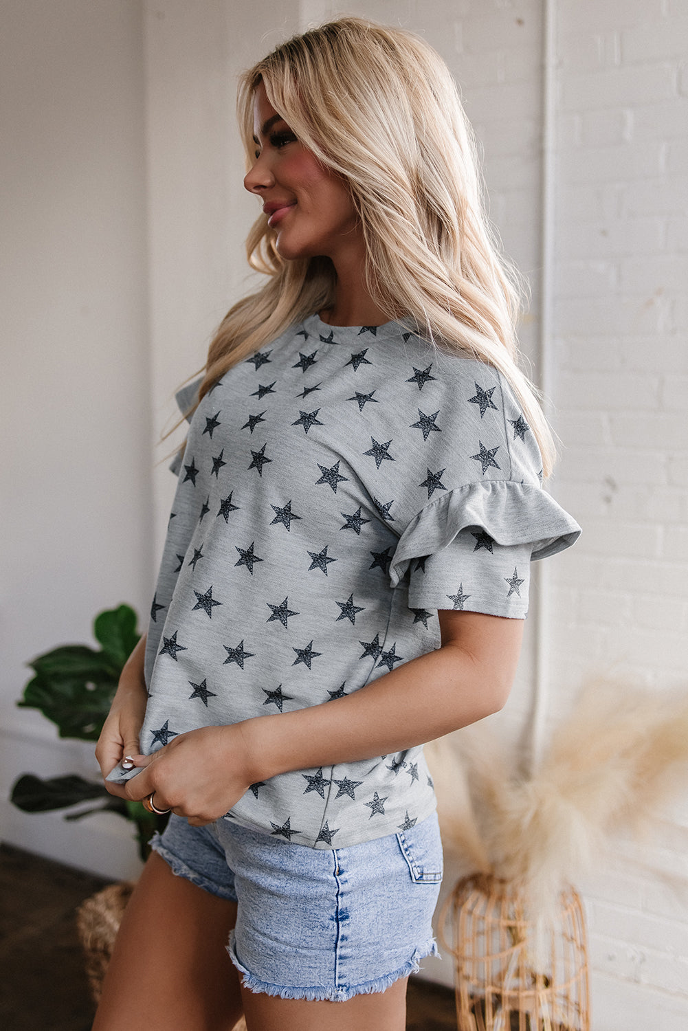 Gray Star Print Tiered Ruffled Sleeve Crew Neck T Shirt - Snoopy's Closet