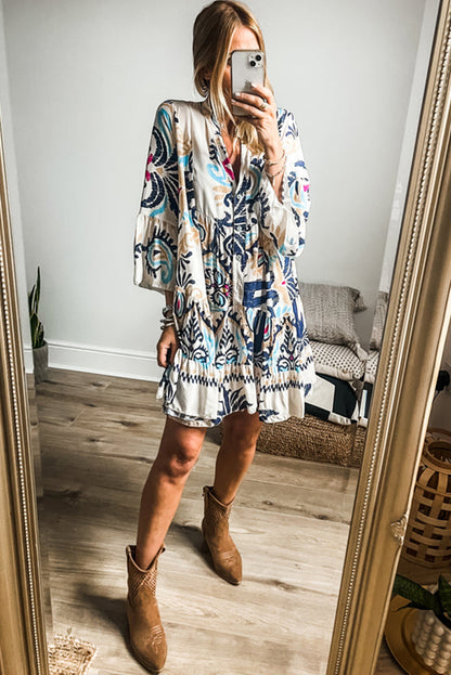 White Printed Tribal Bracelet Sleeve Buttoned Mini Dress - Snoopy's Closet