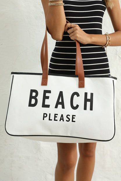 White BEACH PLEASE Print Large Canvas Tote Bag - Snoopy's Closet