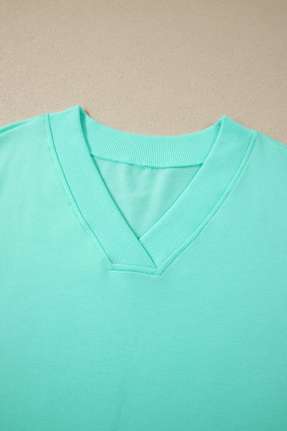 Mint Green V Neck Short Sleeve Top Drawstring Shorts 2pcs Set - Snoopy's Closet