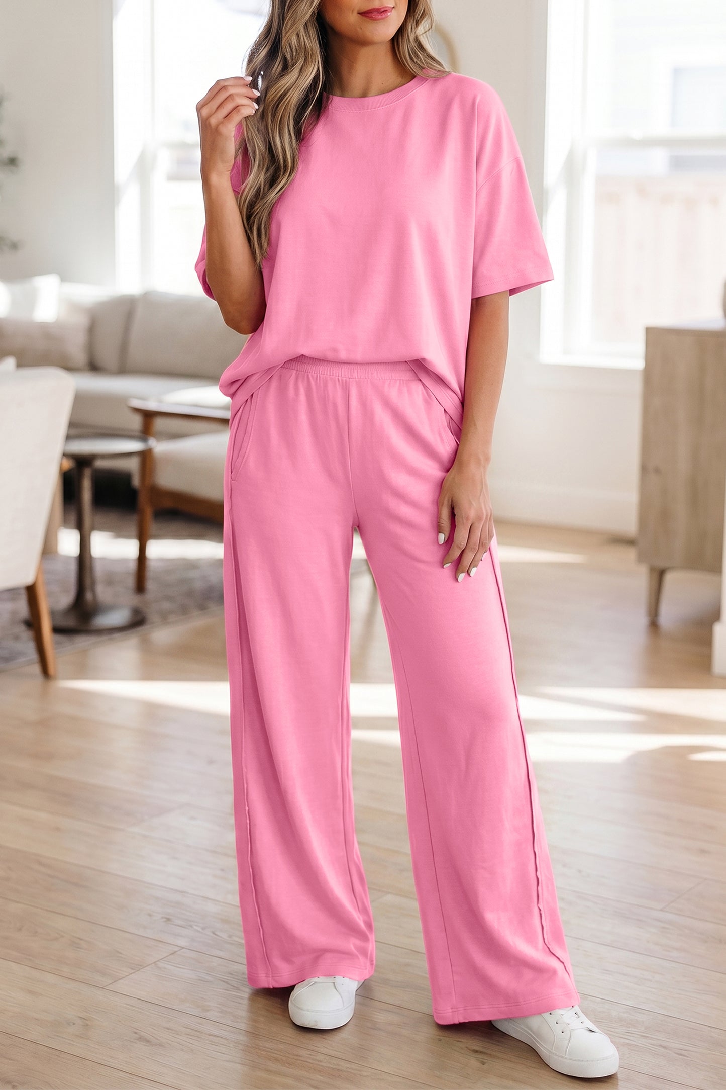 Sachet Pink Solid Cover Oversize Tee Pocketed Casual Pants 2pcs Outfit - Snoopy's Closet