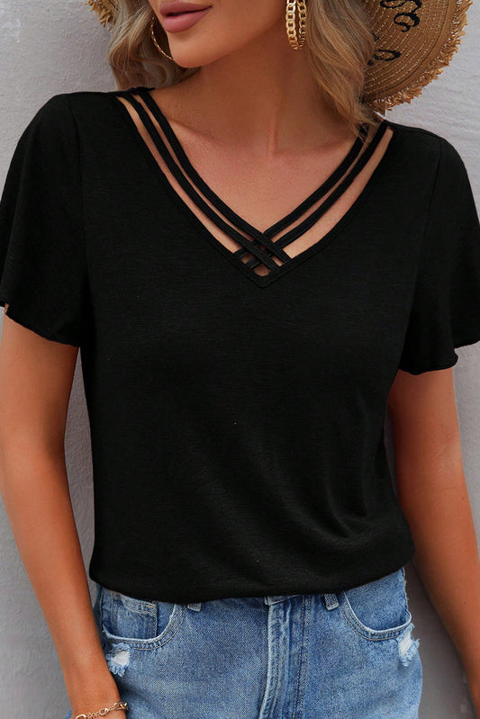 Black Crisscross V Neck Butterfly Sleeve T Shirt - Snoopy's Closet