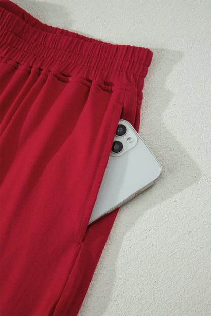 Racing Red Solid Color Cropped Tank Top and Jogger Pants Set - Snoopy's Closet