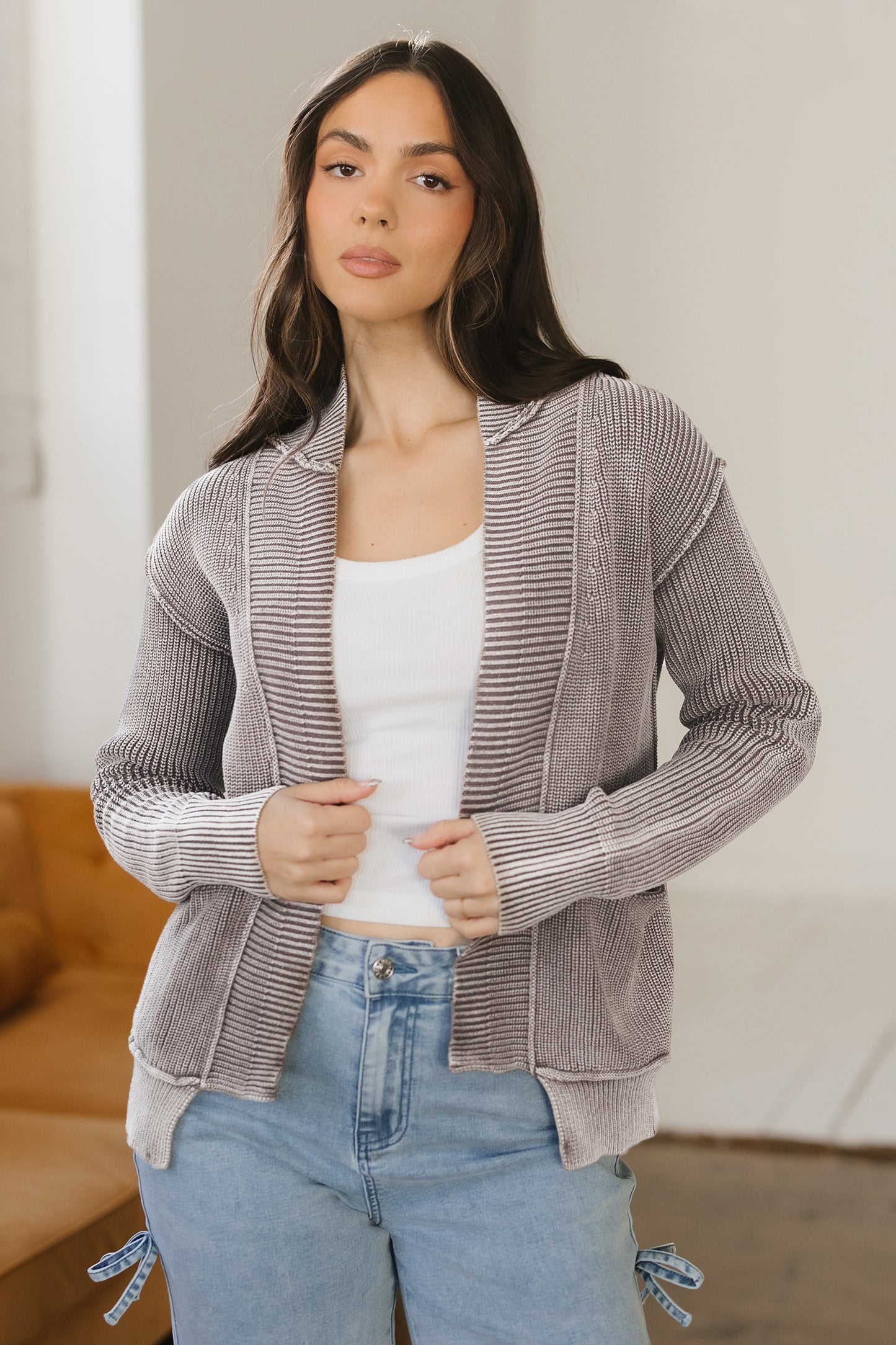 Dark Brown Mineral Wash Exposed Seam Patchwork Knit Open Sweater Cardigan - Snoopy's Closet