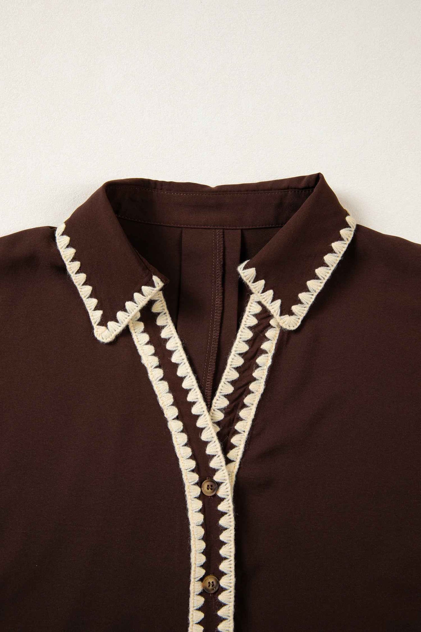 Coffee Shirt Collar Contrast Trim Button V Neck Short Sleeve Blouse
