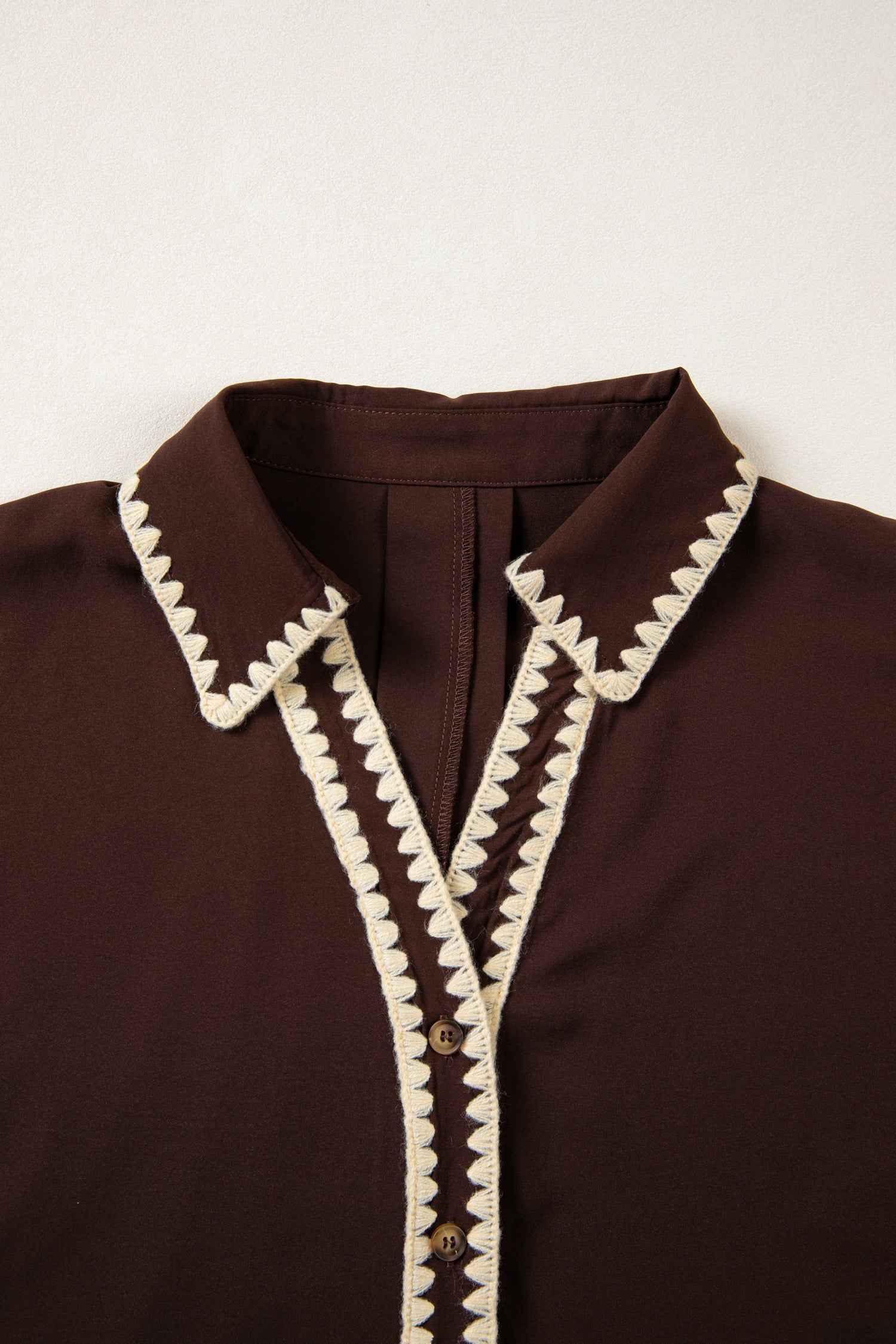 Coffee Shirt Collar Contrast Trim Button V Neck Short Sleeve Blouse
