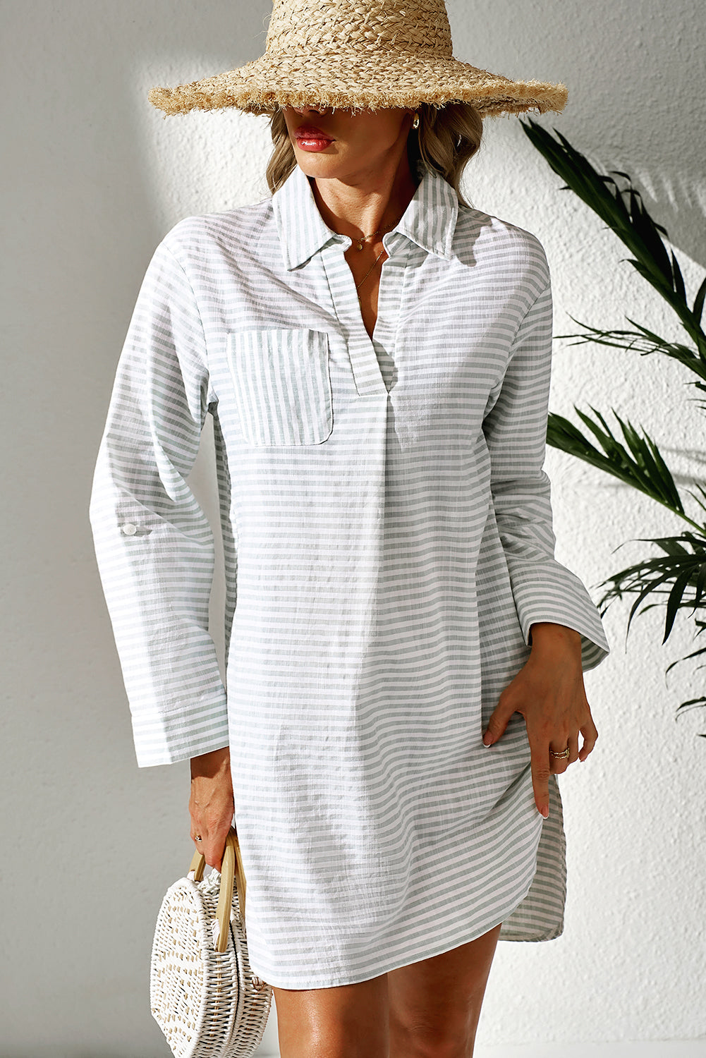 White Stripe Collared V Neck Chest Pocket Long Sleeve Beach Cover up - Snoopy's Closet