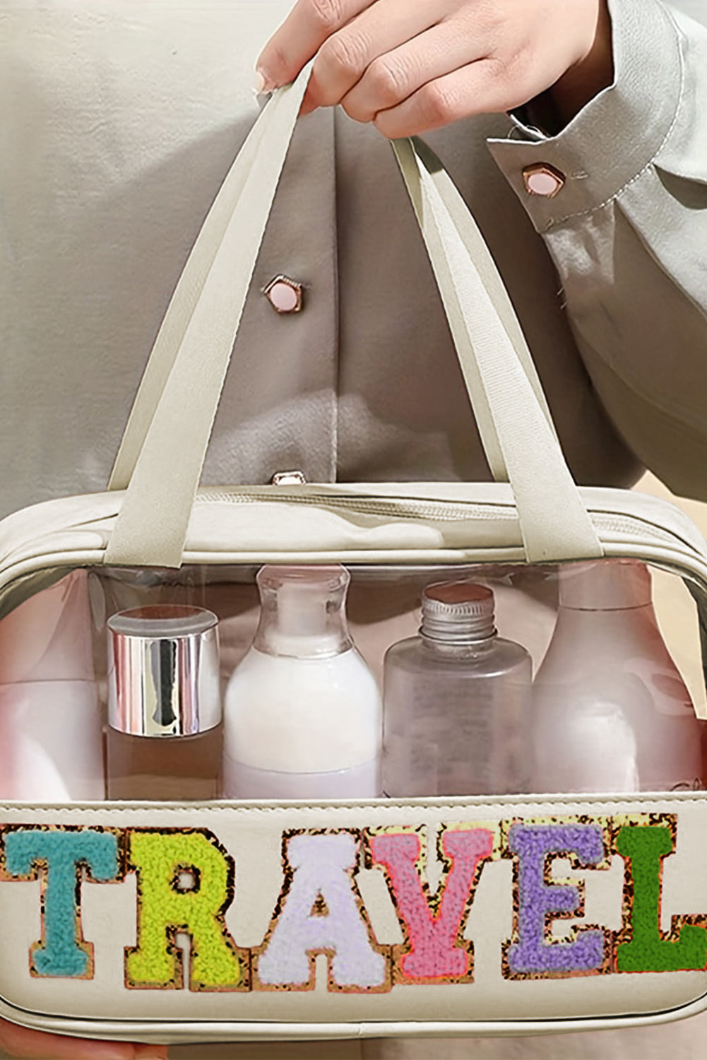 Light Pink TRAVEL Chenille Letter Clear PVC Makeup Bag - Snoopy's Closet