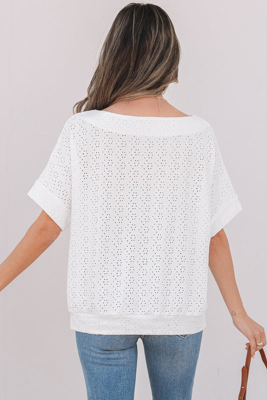 White Eyelet Pattern Boat Neck Casual Tee - Snoopy's Closet