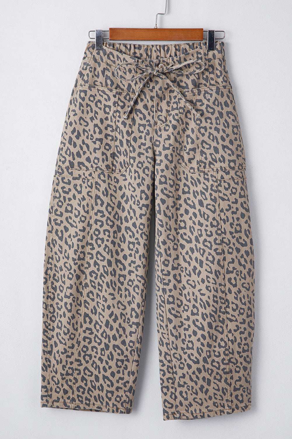 Khaki Leopard Printed Drawstring Elastic Waistband Pocketed Barrel Jeans - Snoopy's Closet