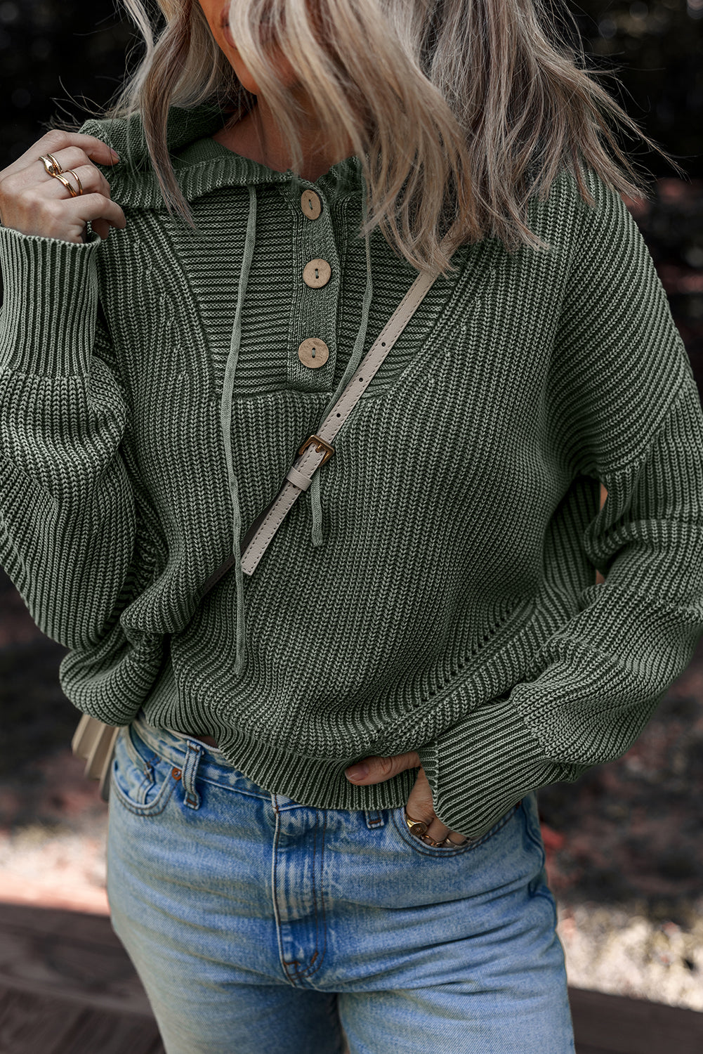 Mist Green Mineral Wash Ribbed Knit Button Drawstring Neck Hooded Sweater - Snoopy's Closet