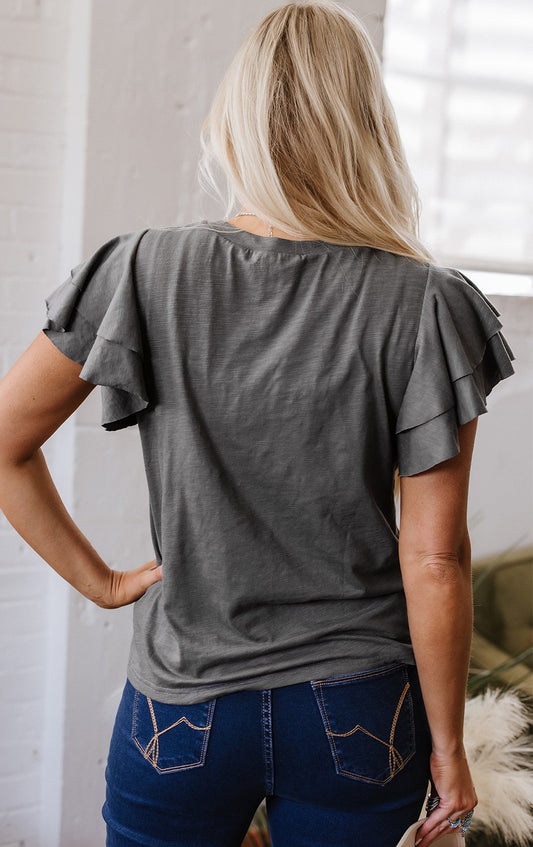 Dark Grey Layered Ruffle Short Sleeve Round Neck Top - Snoopy's Closet