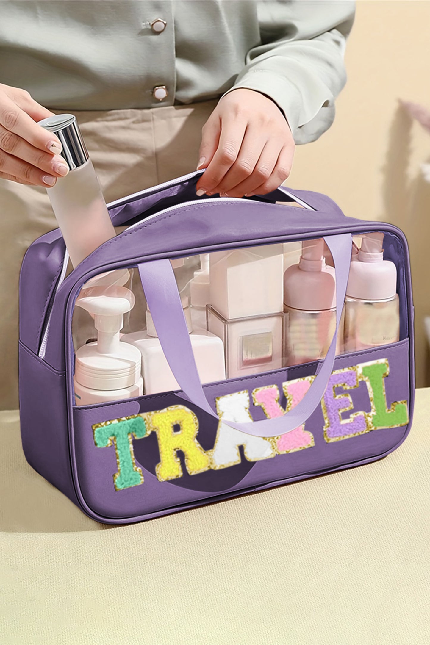 Light Pink TRAVEL Chenille Letter Clear PVC Makeup Bag - Snoopy's Closet
