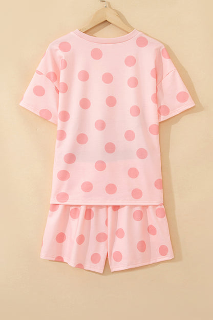 Pink Polka Dot Print Loose Tee Drawstring Elastic Waist Short Set - Snoopy's Closet