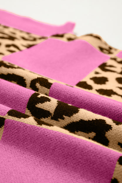 Suéter de punto de manga corta a cuadros leopardo rojo rosa
