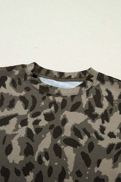 Brown Retro Leopard Print Mock Neck Slim Tee - Snoopy's Closet