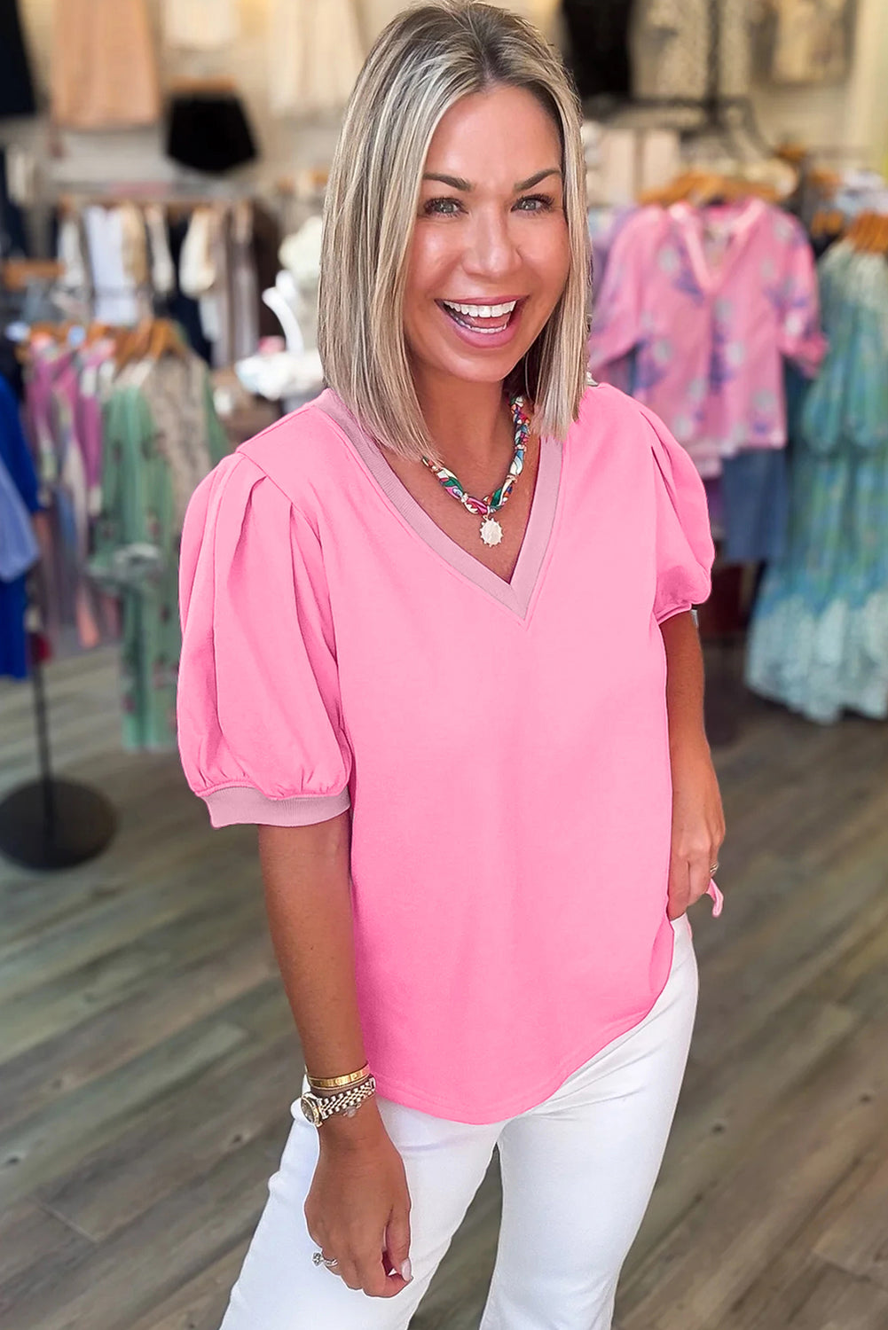 Blusa Bonbon de Manga Corta Abullonada con Cuello en V de Color Liso